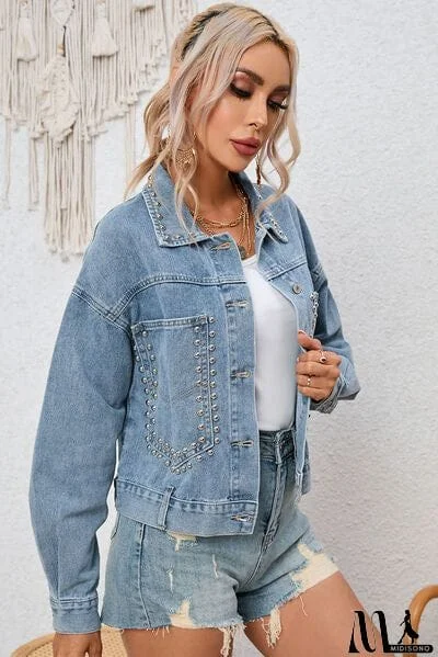 MidiSono - Studded Pocketed Button Up Denim Jacket