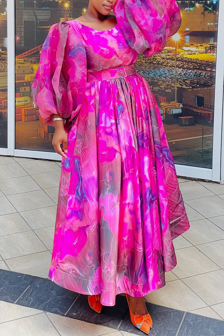 Plus Size Wedding Guest Pink Elegant Floral Round Neck Puff Sleeve 3/4 Sleeve Pleated Organza Maxi Dresses [Pre-Order]