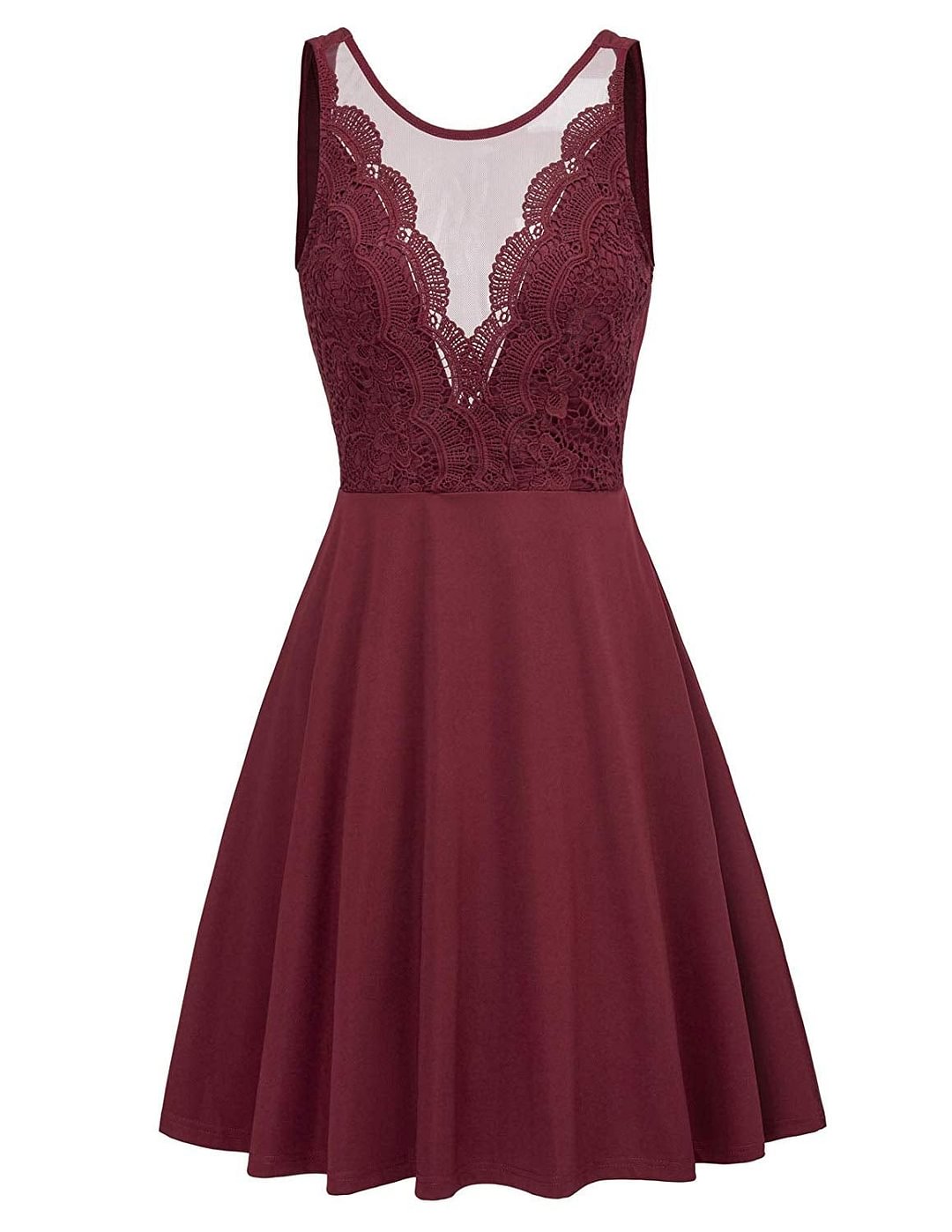 Women Sleeveless Lace Patchwork Open Back A Line Flare Party Dress