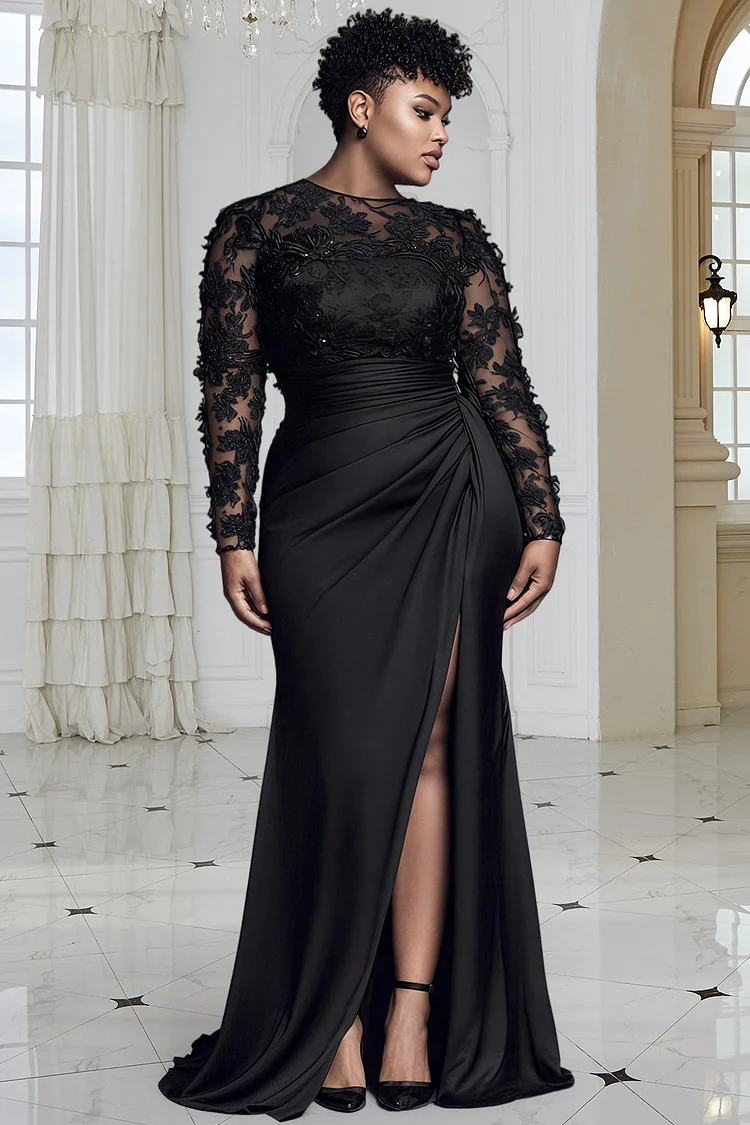 Xpluswear Design Plus Size Formal Black Round Neck Long Sleeve Split Elegant See Through Lace Satin Maxi Dresses [Pre-Order]