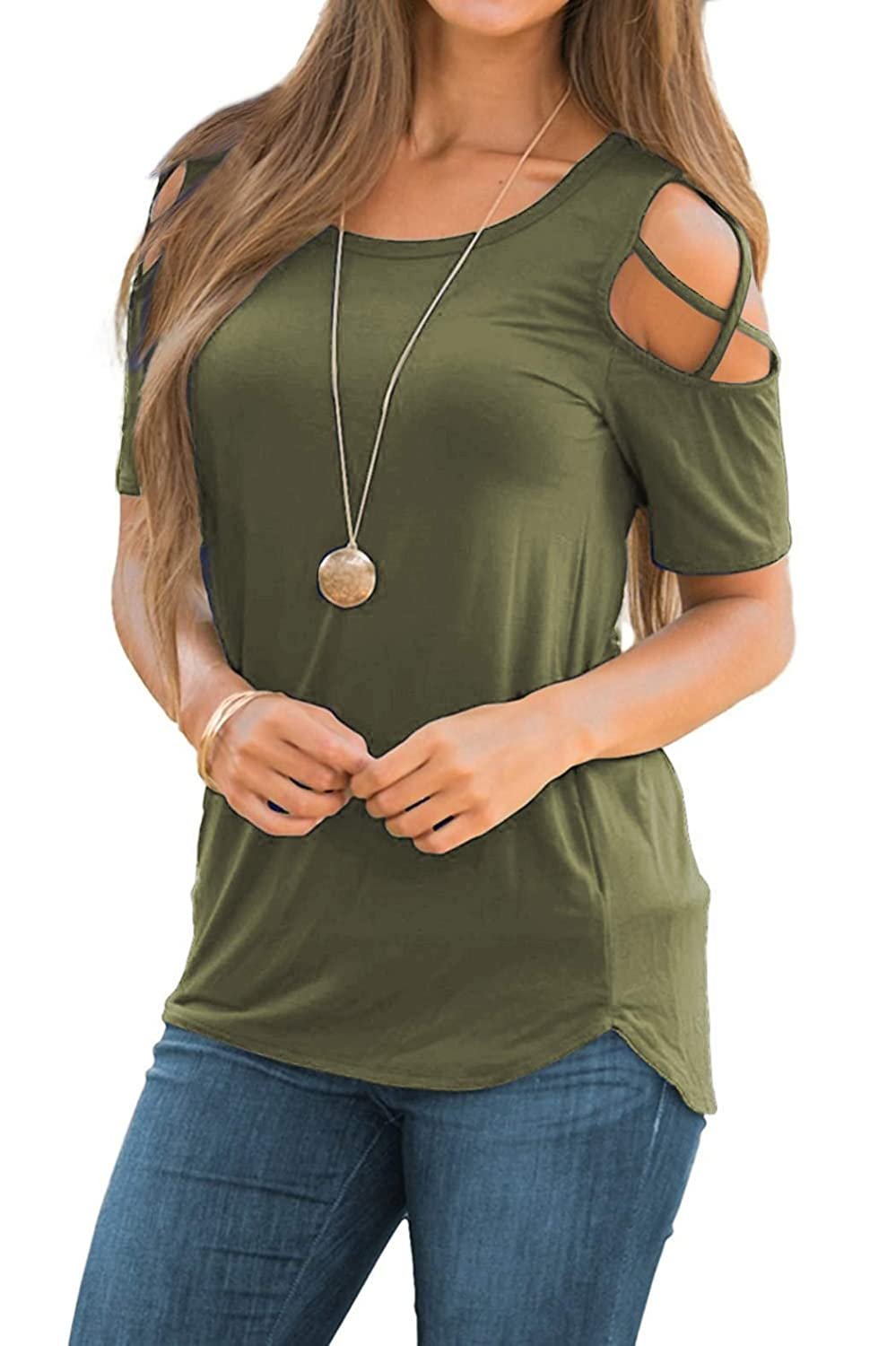 Women Short Sleeve Strappy Cold Shoulder T-Shirt Tops Blouses