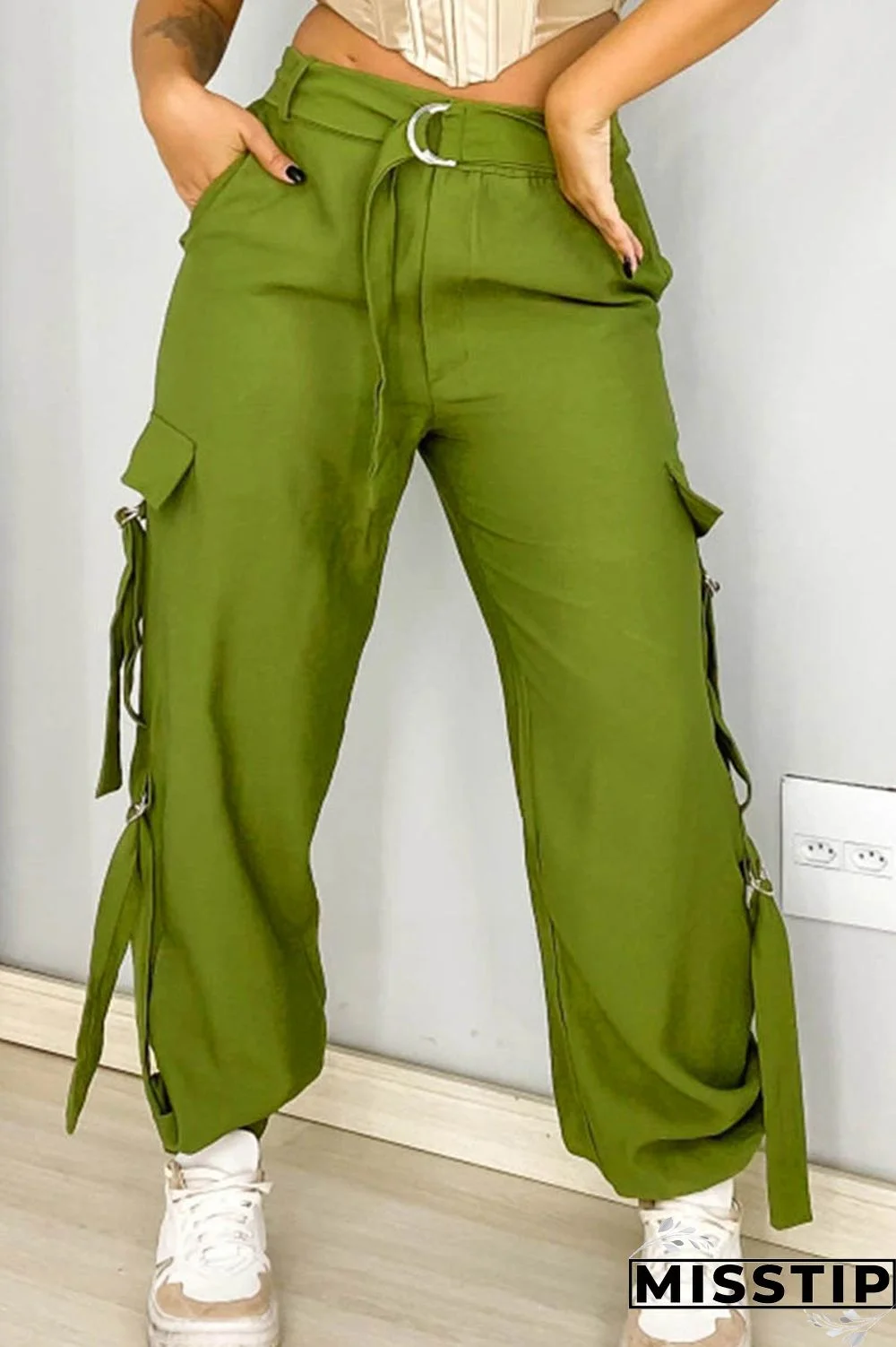 Army Green Casual Solid Patchwork Regular High Waist Conventional Solid Color Trousers