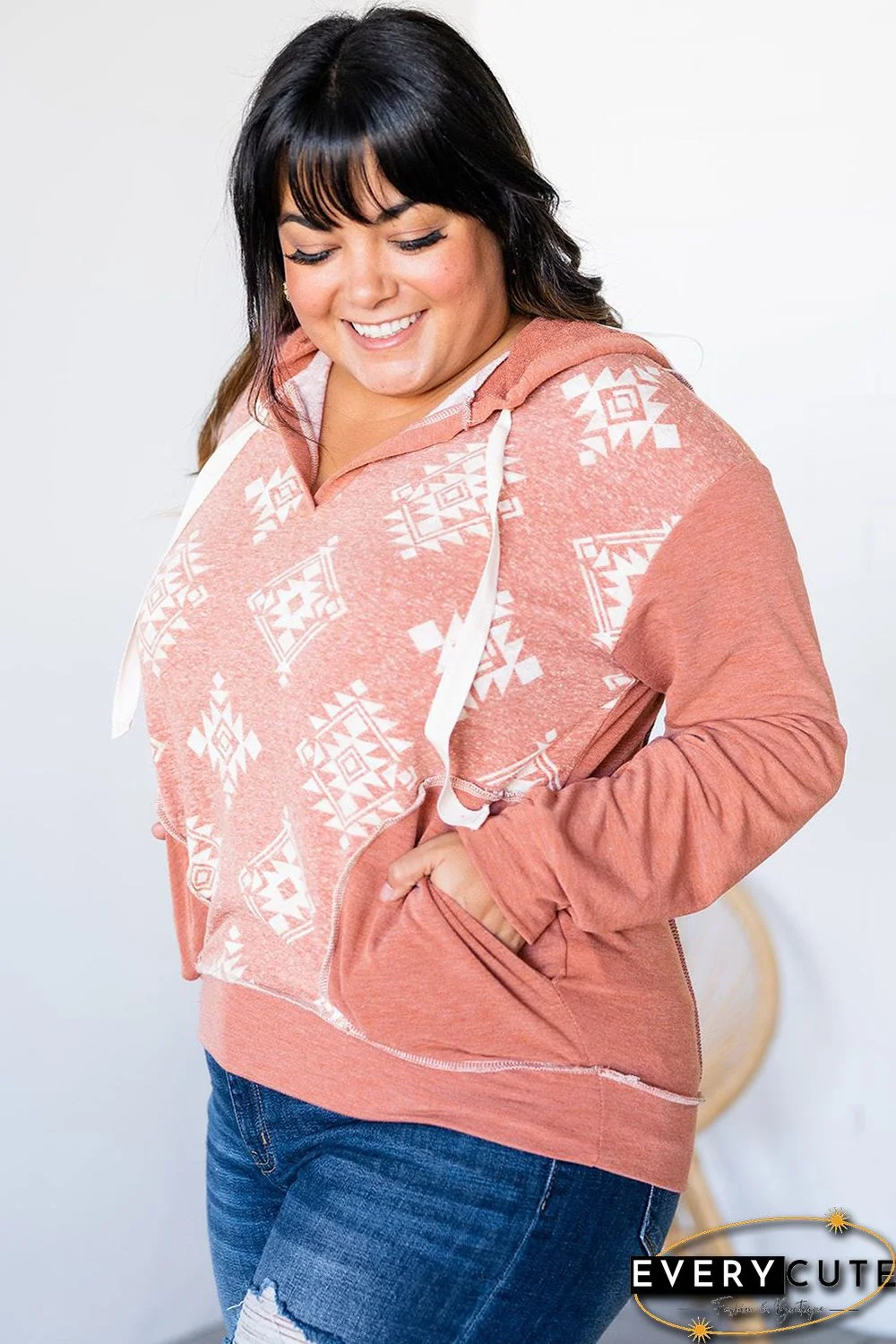 Orange Aztec Print Paneled Reverse Seam Trim Plus Size Hoodie