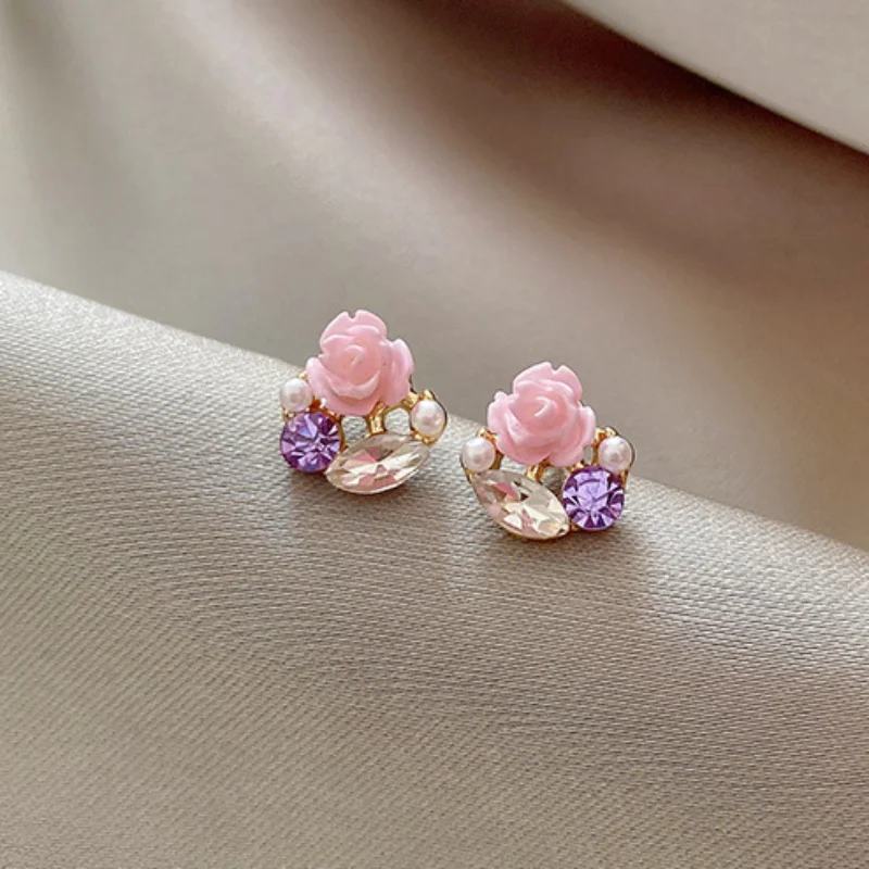 Pink Flower Rhinestone Stud Earrings