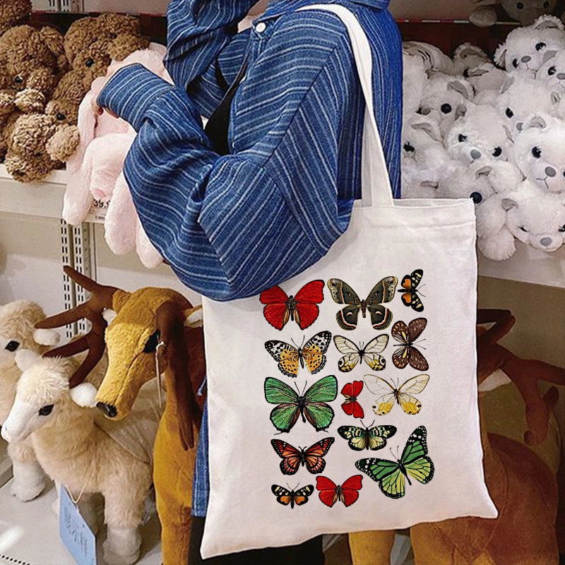 Women’s Large Canvas Printing Flower Butterfly Streetwear Square Open Canvas Bag