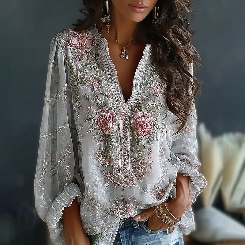 Women's Vintage Spring Floral Embroidered Art Print Flowy Linen Blend Casual Tops wearshes