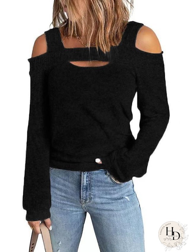 Blouse Hollow Out Plain Basic Off Shoulder Standard Spring & Fall Black Pink Red khaki Grey for Women