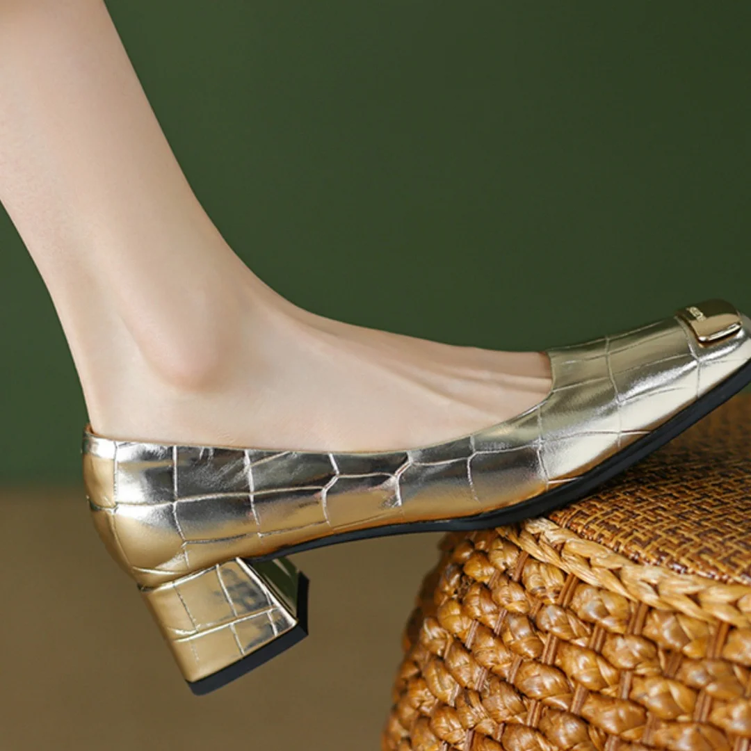 Churchf Churchf 2024 New Head Layer Metal Thick Heel Heel Square Head Shallow Foot Pedal Single Shoes Women