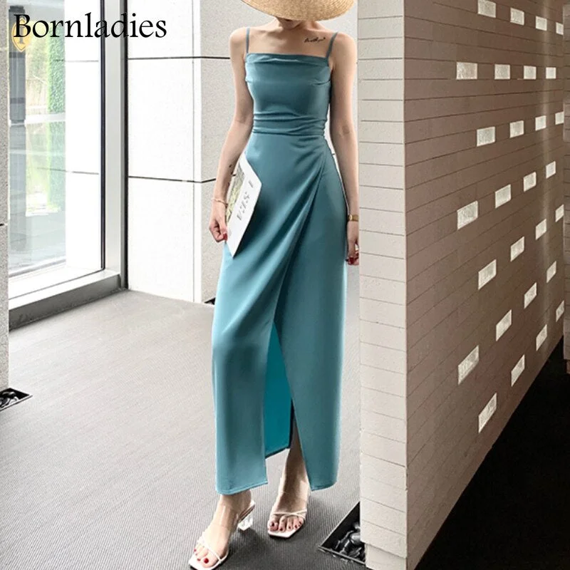 Bornladies Women 2021 Elegant Slash Neck Sleeveless Solid Dress Office Ladies Summer Strap Lace-up Slim Waist Spit Party Vestido