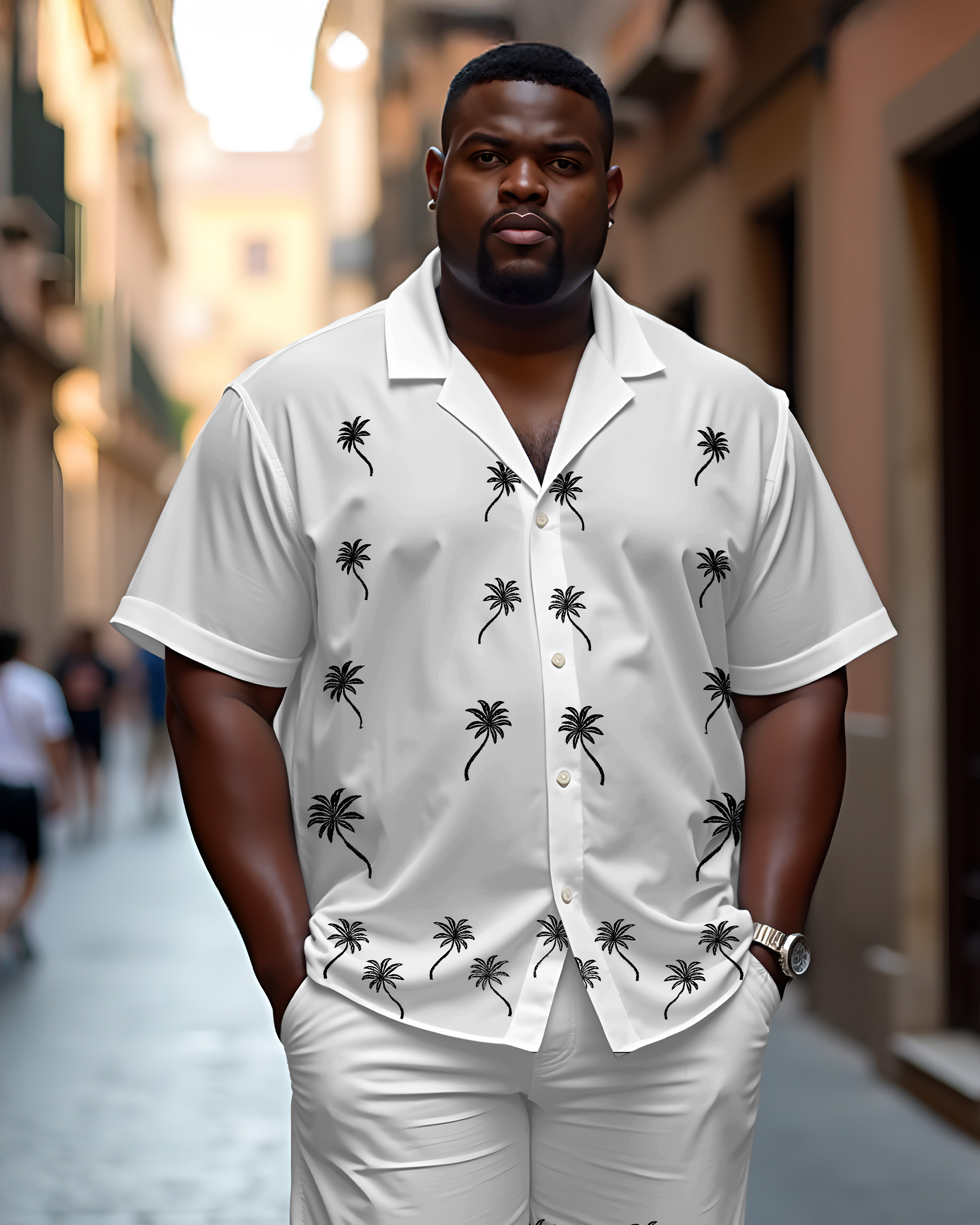 Men's Plus Size Hawaiian White Coconut Casual Cuban Collar Short Sleeve Shirt Shorts Suit