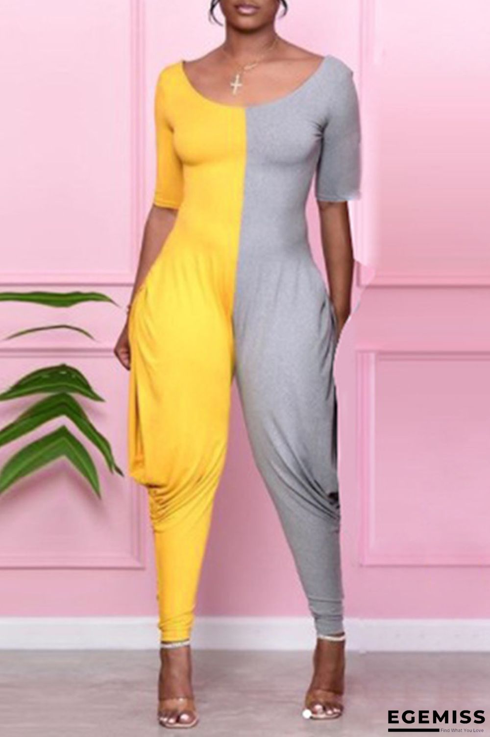 Yellow Fashion Casual Patchwork Backless O Neck Regular Jumpsuits | EGEMISS