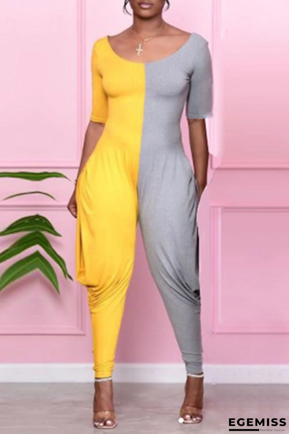 Yellow Fashion Casual Patchwork Backless O Neck Regular Jumpsuits | EGEMISS