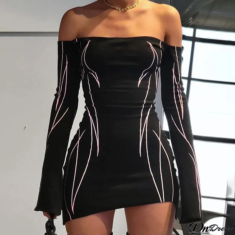 Women Stripe Print Off Shoulder Strapless Bodycon Dress