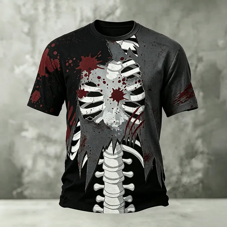 Men's Halloween Human Bone And Bloodstain Print T-shirt