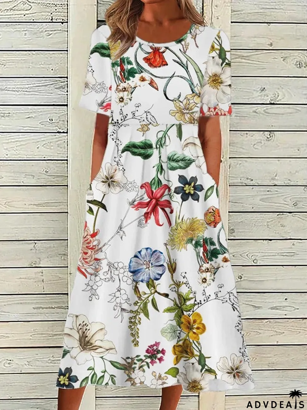 Women Short Sleeve Scoop Neck Floral Printed Polka Dot Graphic Midi Dress