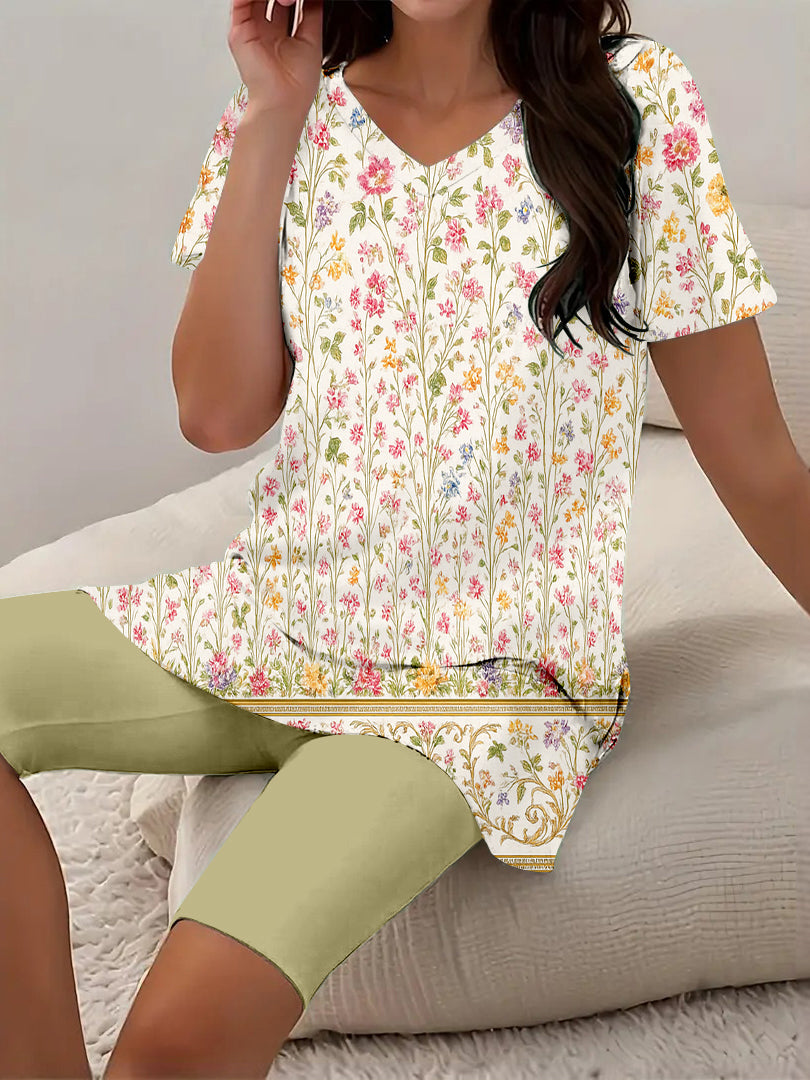 Women Long Sleeve V-neck Graphic Floral Printed Top