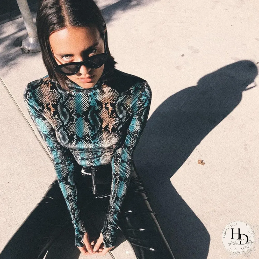 Snakeskin Bodysuits Mulheres Sexy Pele Cobra Alta Gola Manga Longa Python Moda Primavera