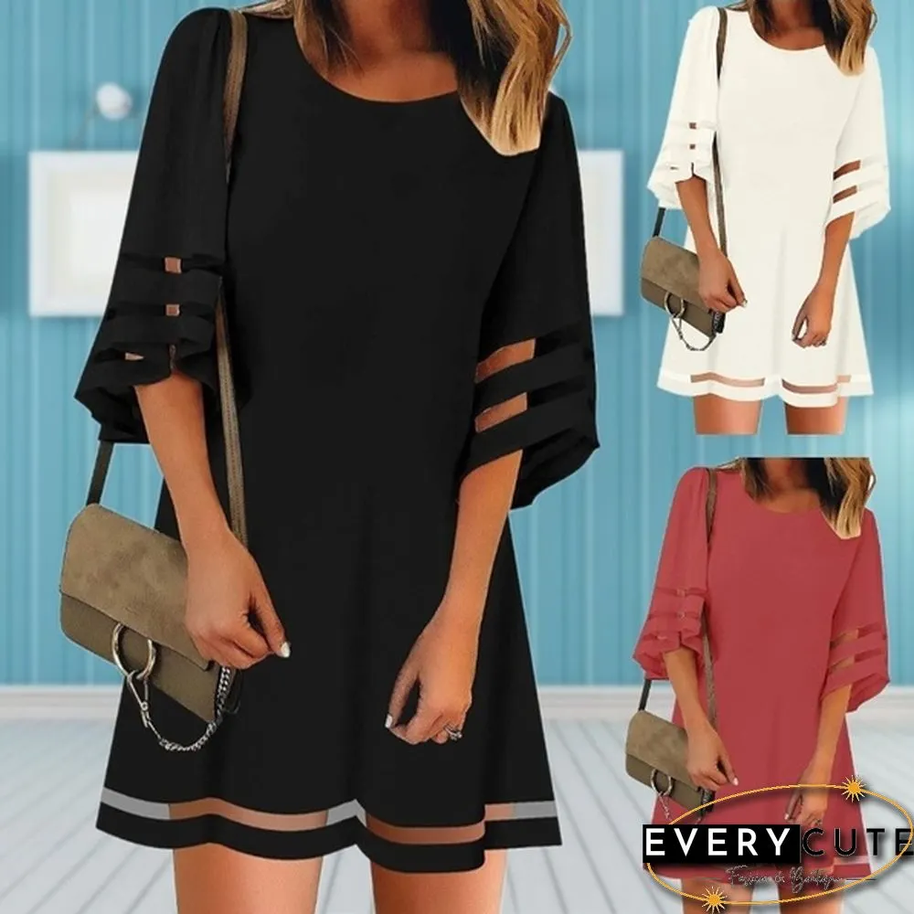 New summer womens short sleeve Round-neck flared casual dress solid color patchwork
