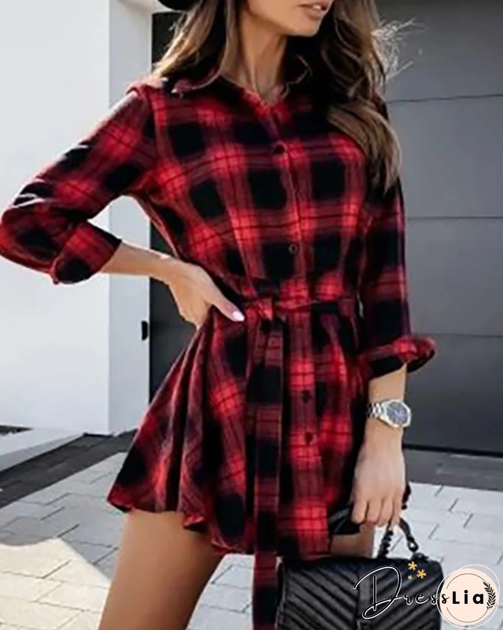 Plaid Colorblock Long Sleeve Shirt Dress P13915