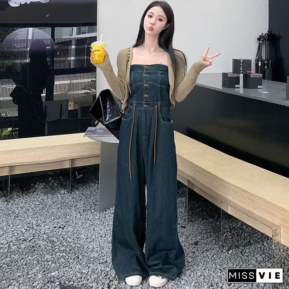 Pure Color Knit Cardigan Off The Shoulder Lace Up Denim Overalls