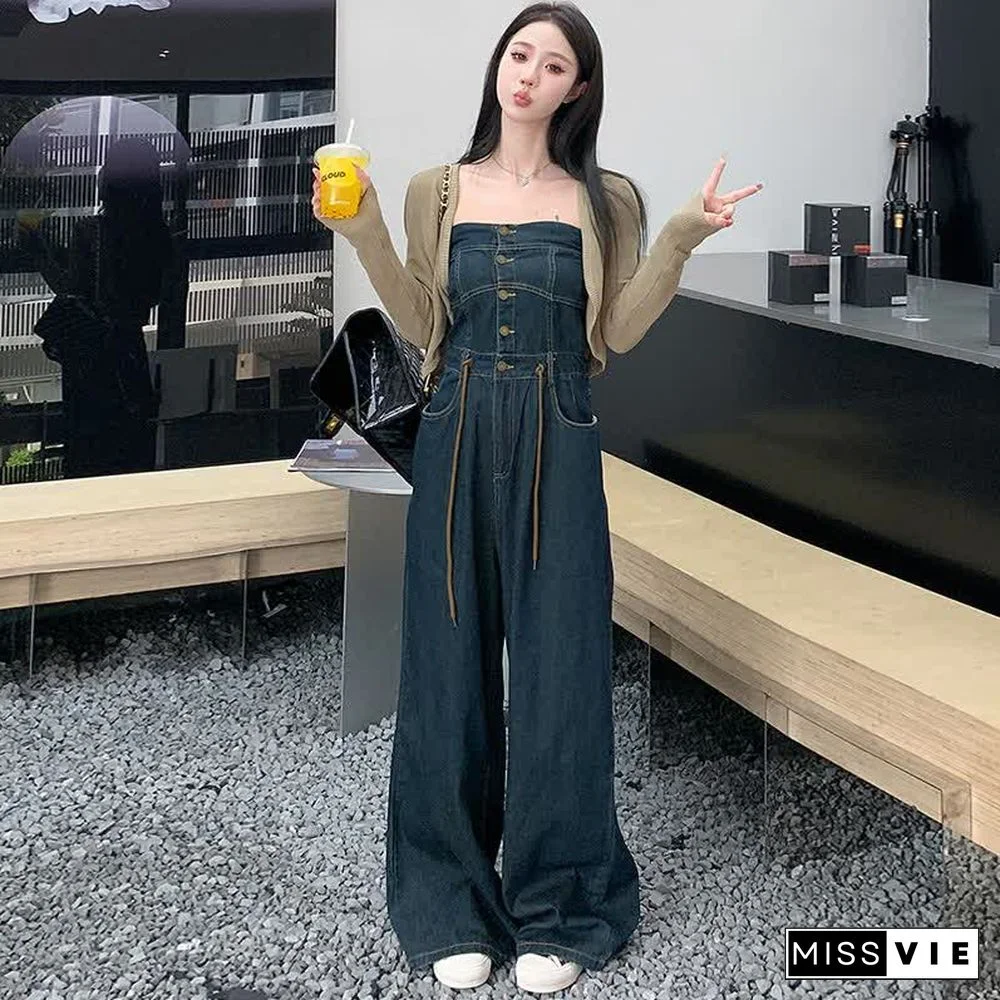 Pure Color Knit Cardigan Off The Shoulder Lace Up Denim Overalls