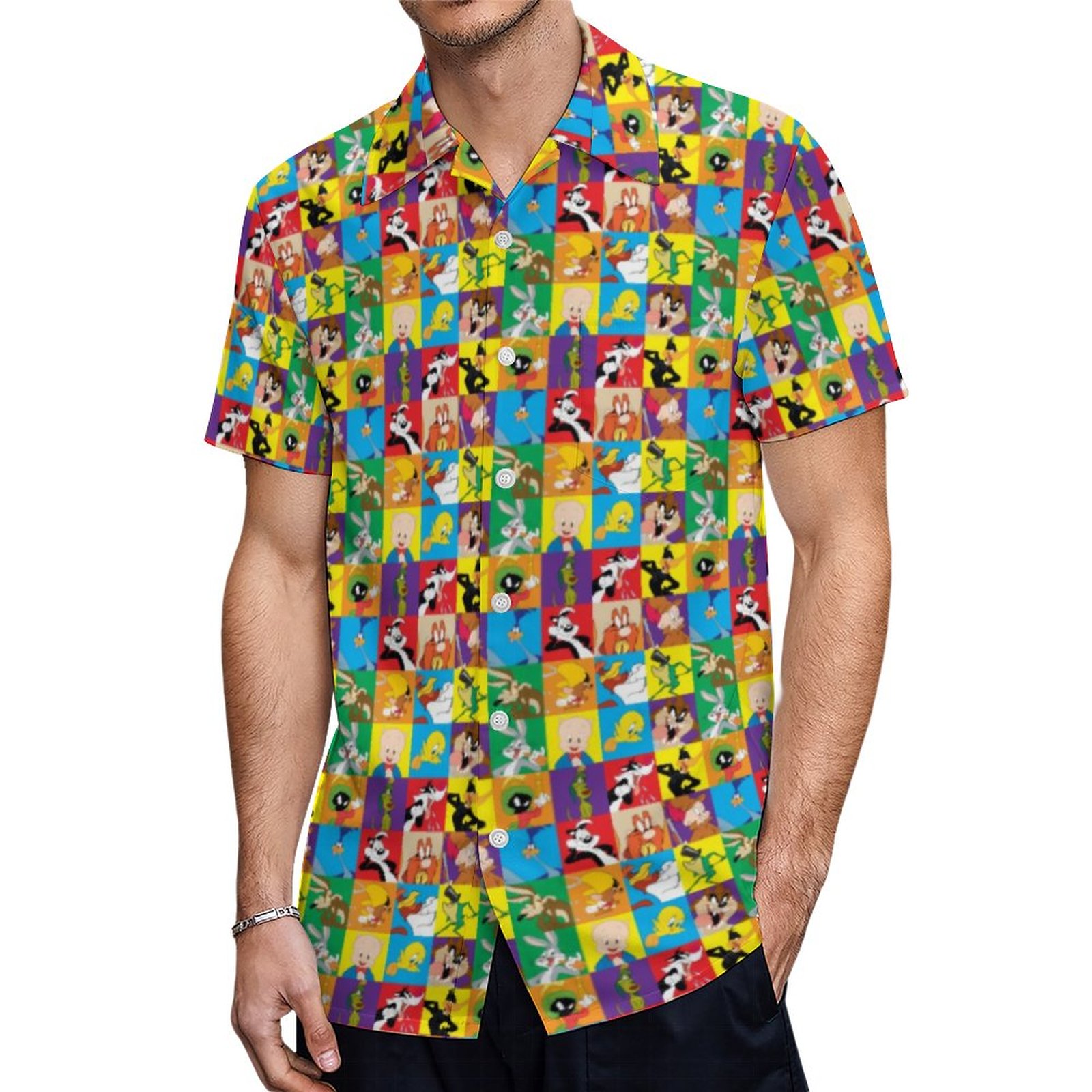 Cartoon Character Grid Hawaiian Shirt Mens Button Down Plus Size Tropical Hawaii Beach Shirts