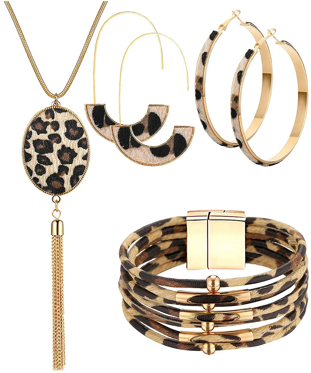 Women Leopard Leather Bracelet Teardrop Drop Dangle Earrings Long Tassel Pendant Necklace Christmas Jewelry Gift