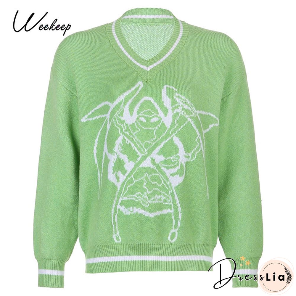 Weekeep Y2K Chic Print Streetwear Oversized Sweater Women'S Casual Autumn Winter Knitted Jumper Fashion Loose Knitwear Pullovers
