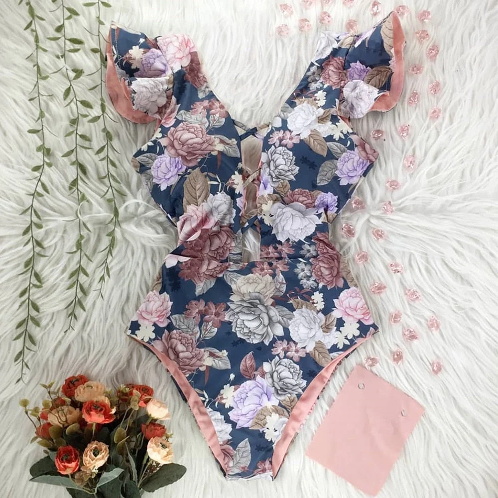 2022 New Sexy Ruffle Print Floral One Piece Swimsuit Off The Shoulder Swimwear Women Solid Deep-V Beachwear Bathing Suit Monkini