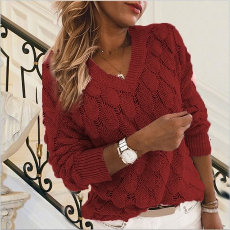 Comstylish Feather Cutout V-Neck Long Sleeve Sweater
