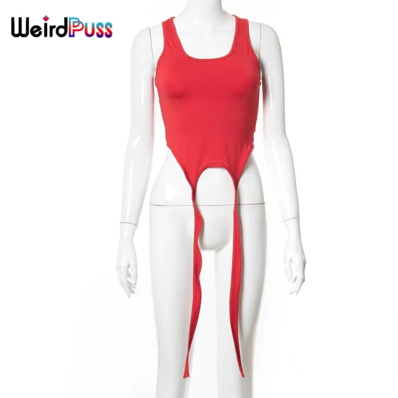 Weird Puss 2021 Summer Women Sleeveless Tank Top Skinny Basic Solid Long Ribbon Tops Fashion Sling Streetwear Female Casual Vest