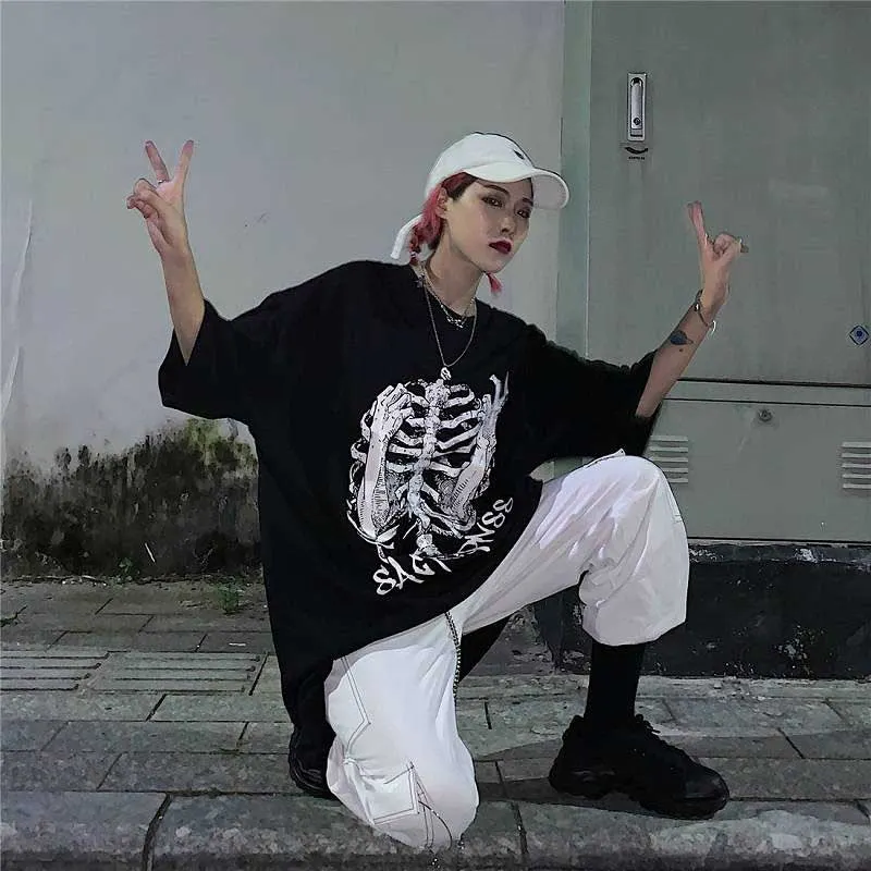 NiceMix Harajuku summer streetwear Women's Clothing Couple korean loose tees skull letter print Women tops casual short sleeve t
