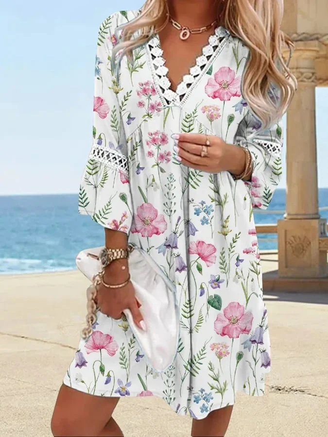 V-neck Printed Lace Panel Bohemian Dress