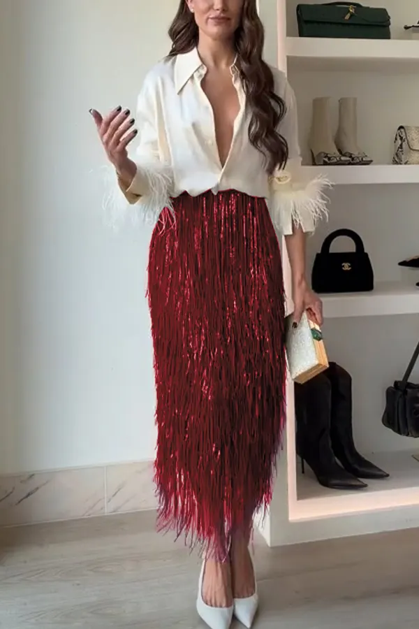 Party Crasher Layered Sequined Tassels High Rise Back Zipper Midi Skirt