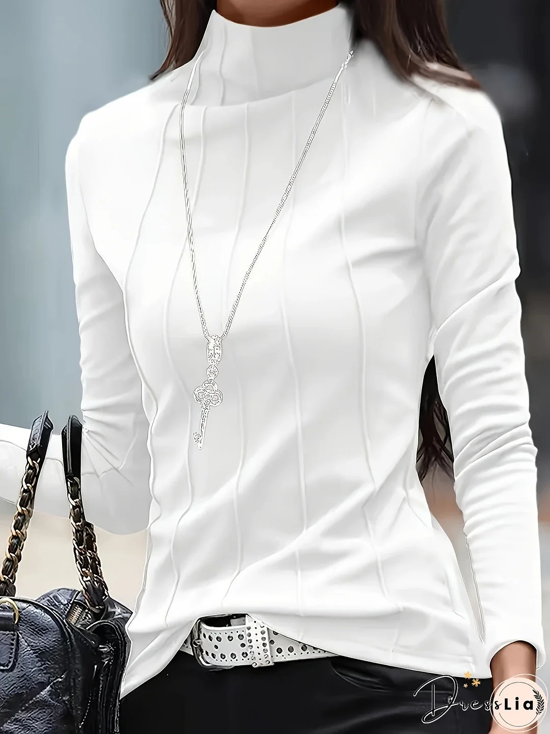 Plus Size Solid Turtleneck Slim T-Shirt, Versatile Long Sleeve T-Shirt For Spring & Fall, Women's Plus Size Clothing