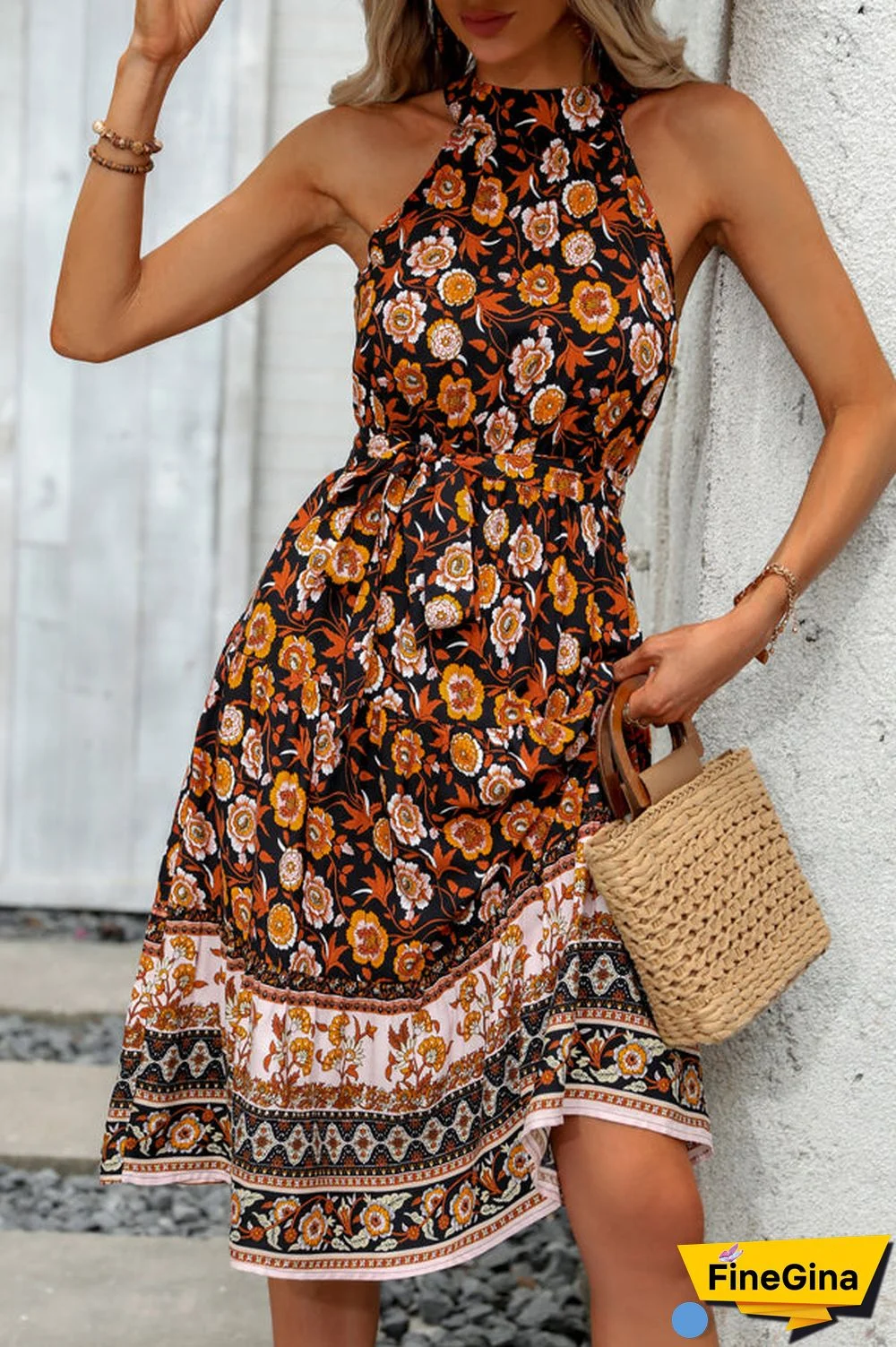Halter Neck Tie Waist Floral Print Casual Dress