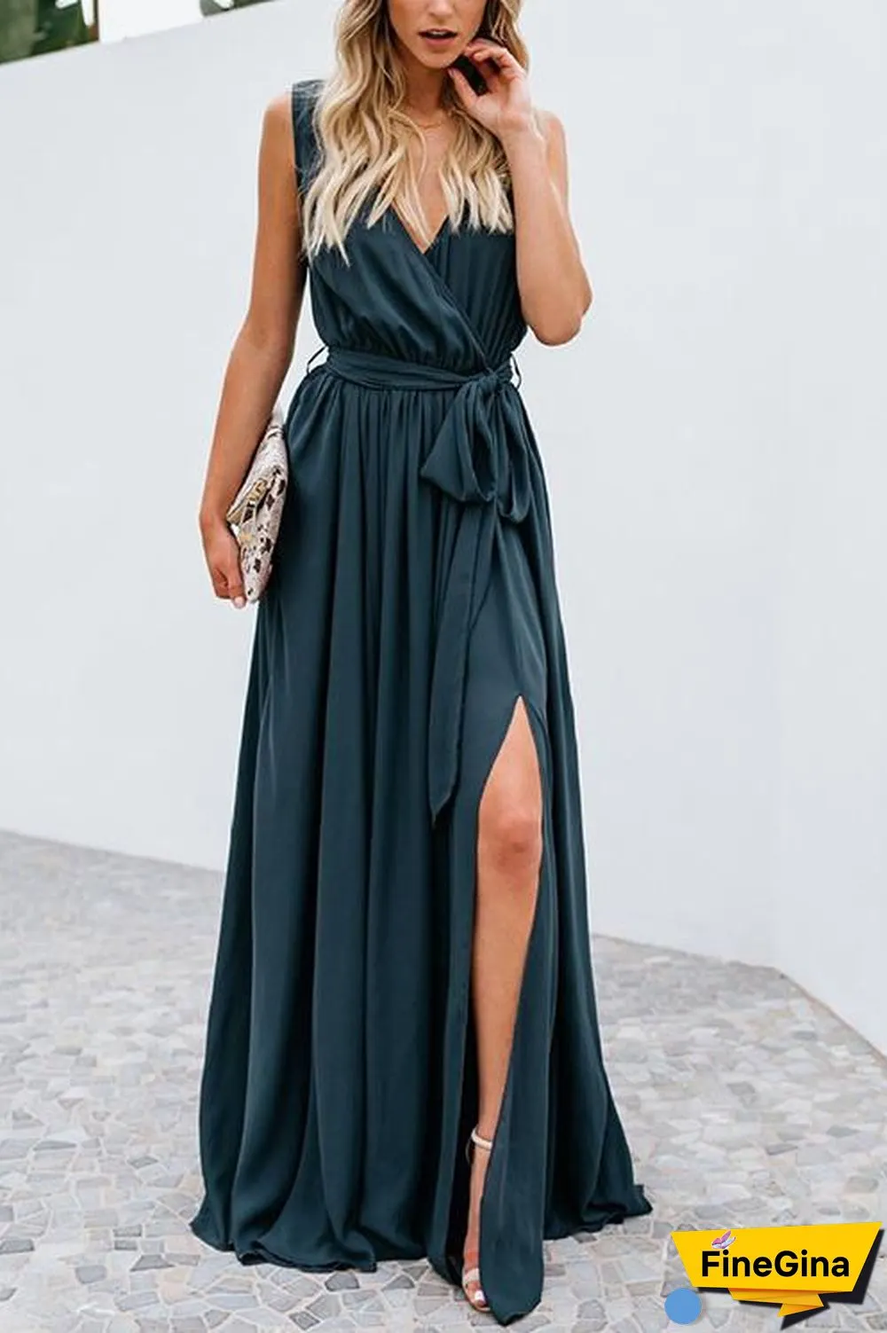 V Neck Sleeveless Slit Wrap Maxi Dress