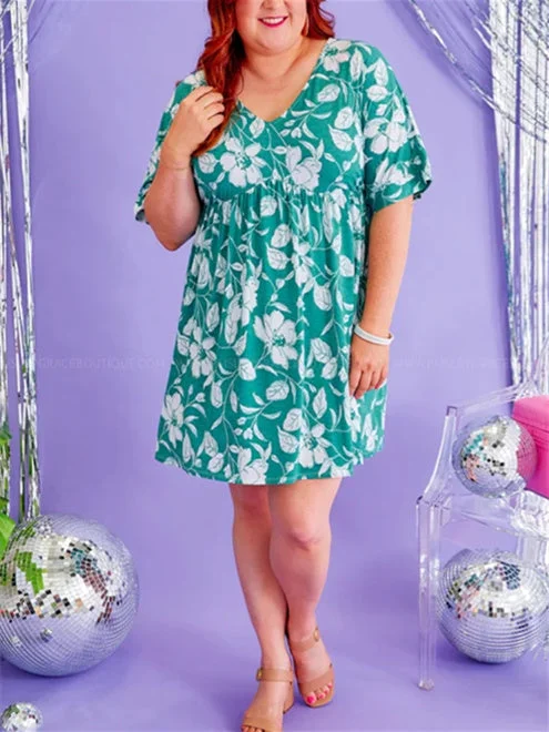 Women's Half Sleeve V-neck Graphic Floral Printed Midi Dress
