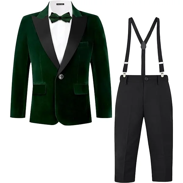 MAGE MALE Boys Velvet 3 Pieces Suit Multiple Colour Jacket Pants Set for Wedding Prom Party Tuxedo with Kids Suspenders