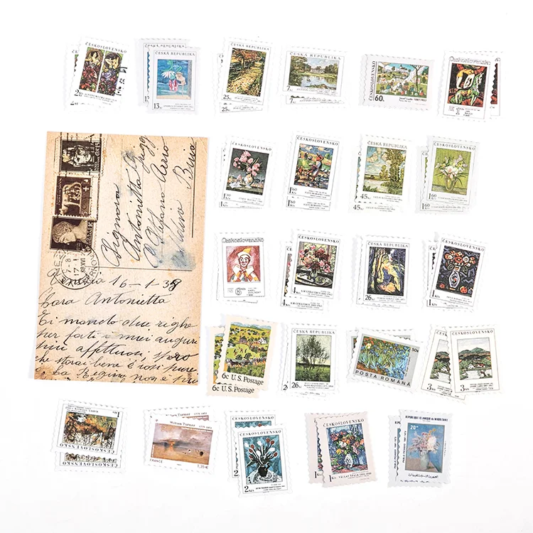 JOURNALSAY 46 Pcs Sticker Retro Collage Coated Paper Stamp Sticker pack Basic Diary Decoration Stationary