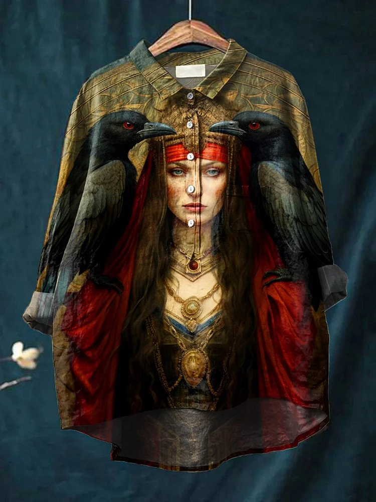 Women's  Medusa Art  Print Casual Cotton And Linen Shirt