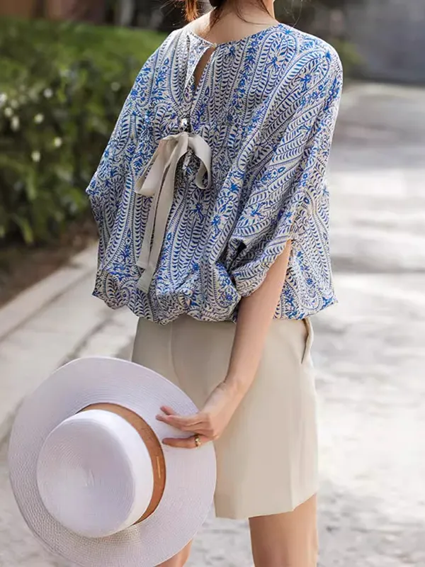 Bow-Embellished Floral Printed Batwing Sleeves Round-Neck Blouses&Shirts Tops
