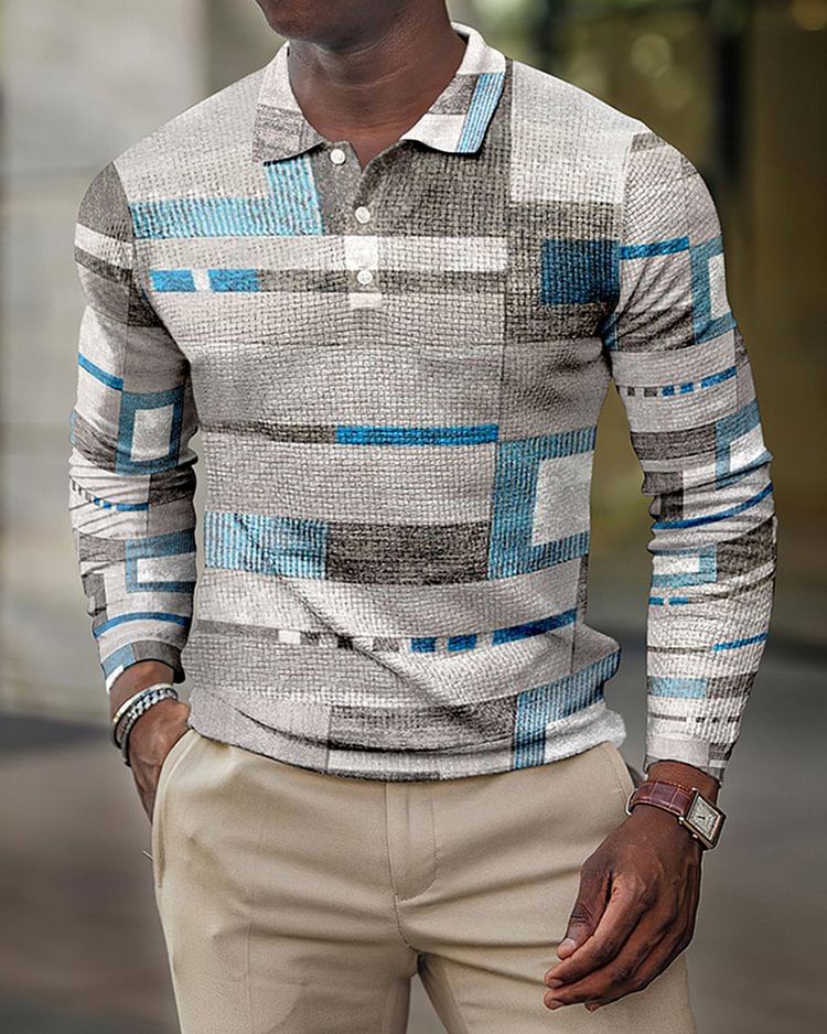 Men's casual geometric plaid polo shirt