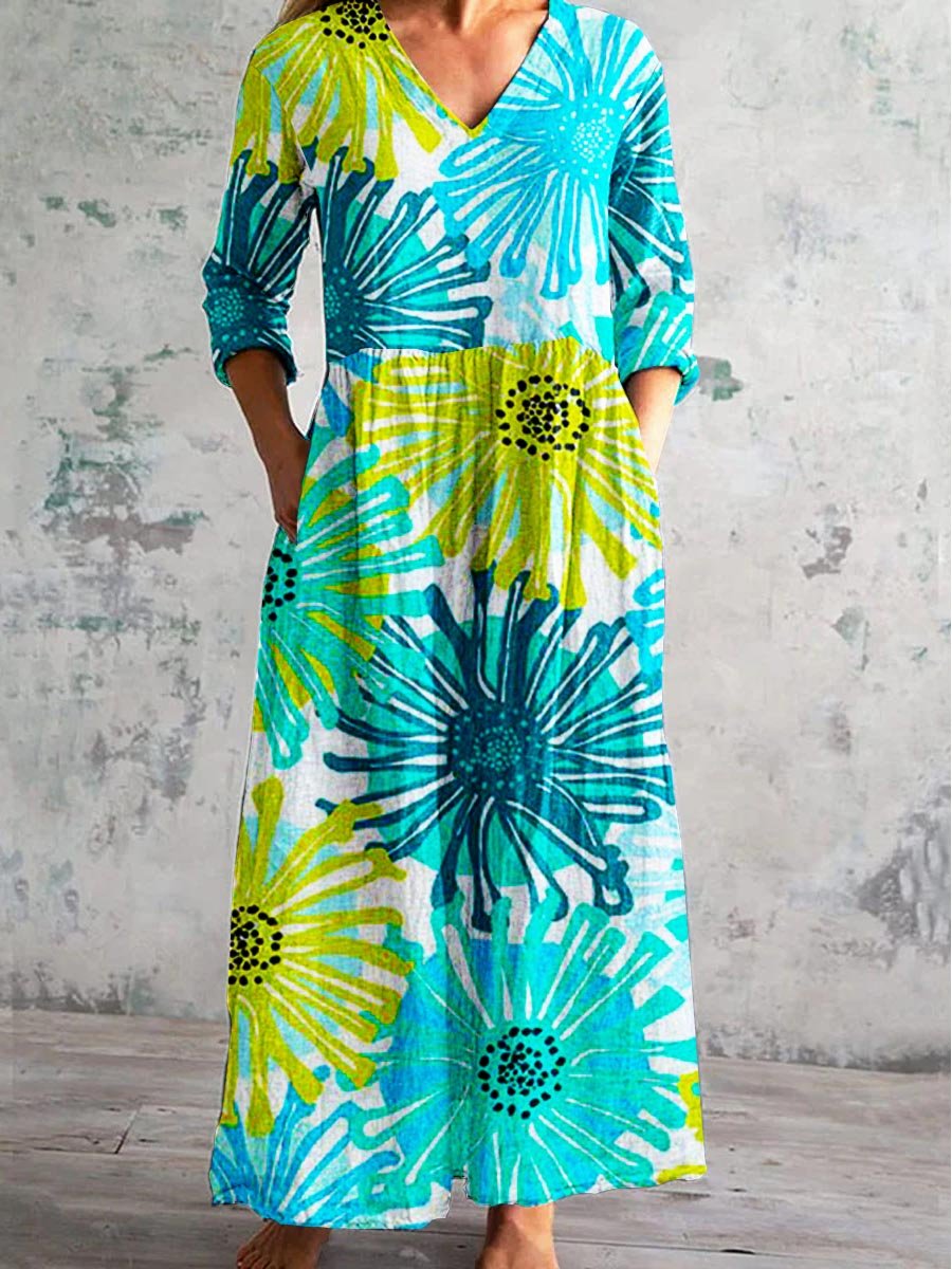 women-s-tropical-floral-print-v-neck-cotton-and-linen-dress