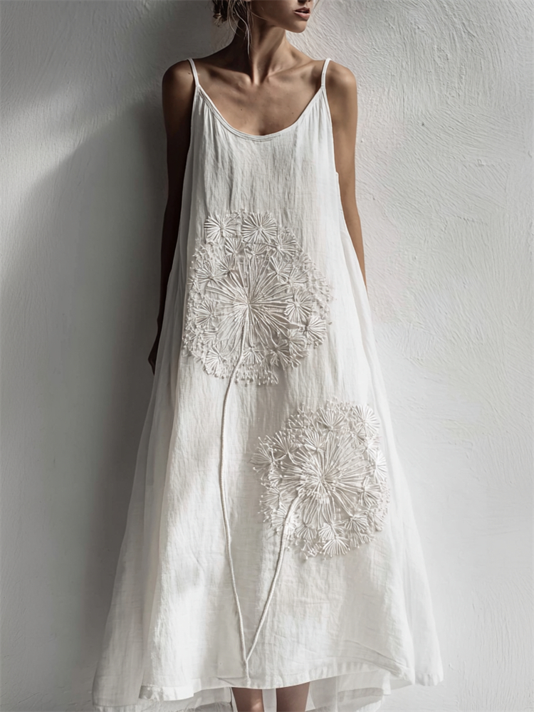 Dandelion Embroidered Flowy Linen Cami Maxi Dress wearshes
