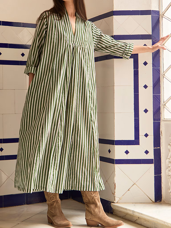Loose Block Printed A-line Cotton Linen Midi Dress