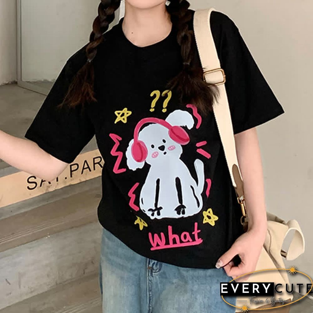 Kawaii Letter Puppy Print Round Collar Oversized T-Shirt