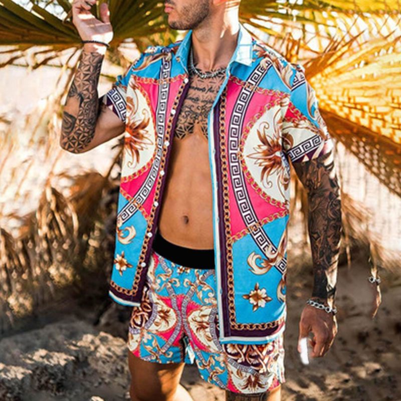 Summer Beach Loose Print Short Sleeve Men's Suit