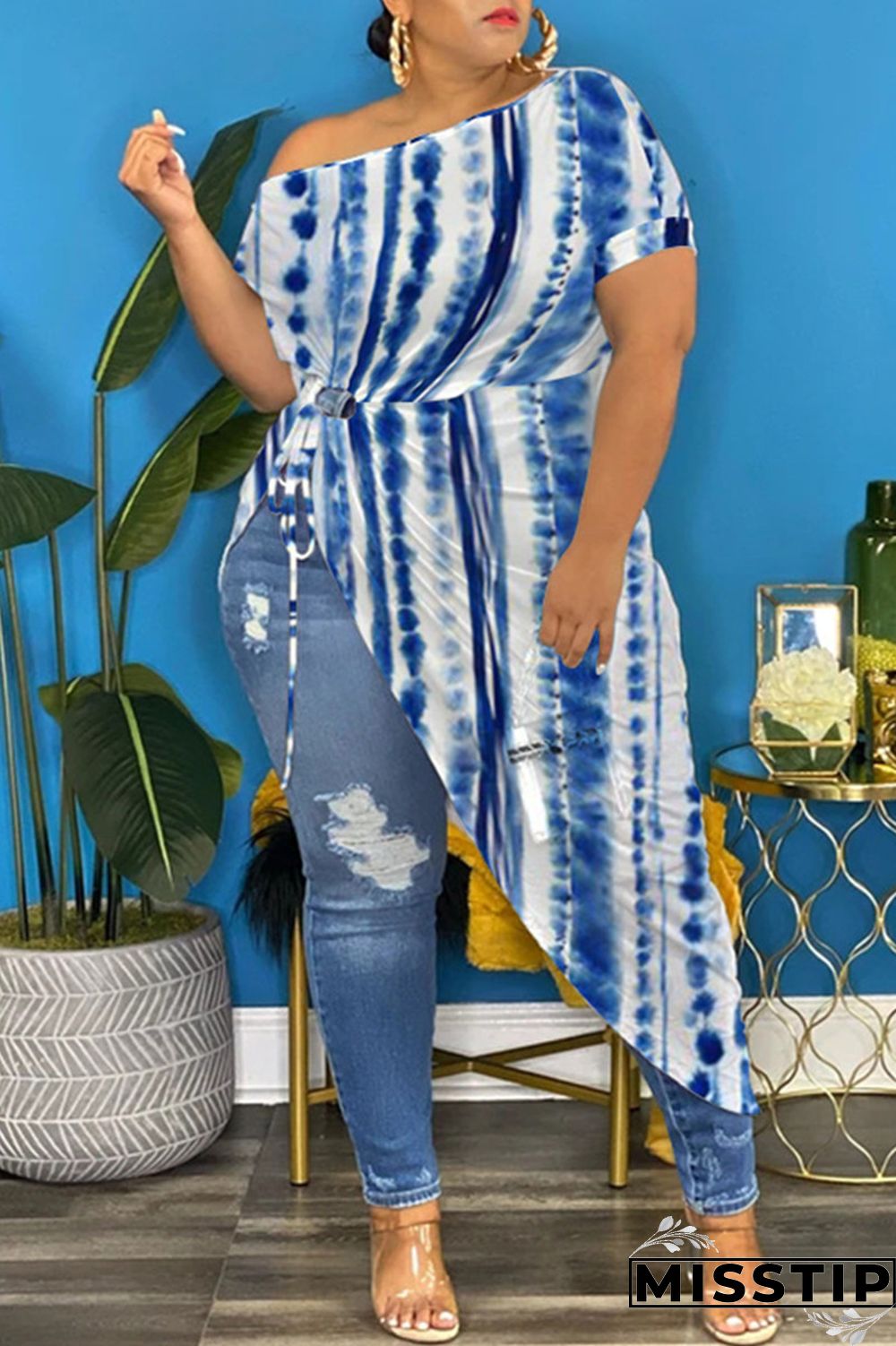 Blue Fashion Casual Print Bandage Asymmetrical O Neck Plus Size Tops