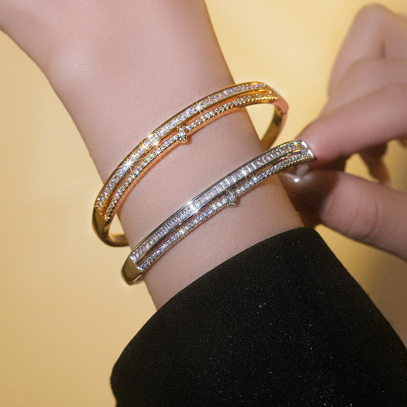 Zircon Cross Adjustable Open Bracelet Niche Bracelet Fashionable All-Match Hand Jewelry